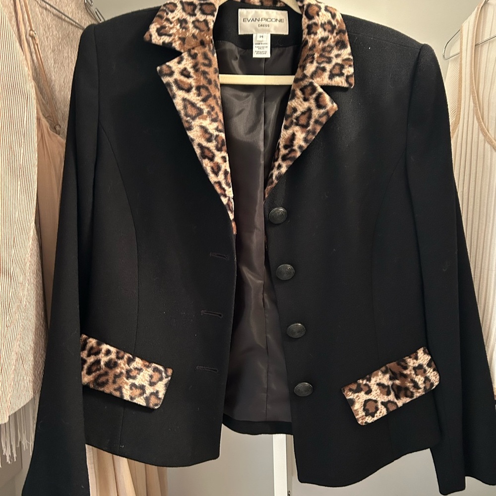 Evan Picone Black and Brown Blazer with Leopard Accents